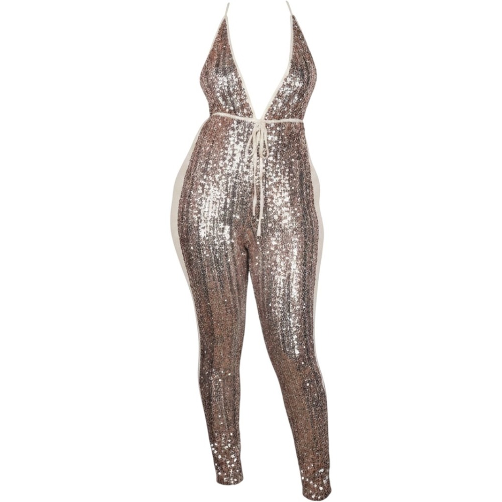 Iridescent Sequin Halter Jumpsuit Multi Color Mesh Side Panel Party Festival